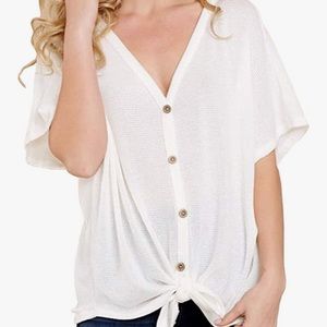 IWOLLENCE Women's Waffle Knit Tunic Blouse Tie Knot Short Sleeve Henley Shirt